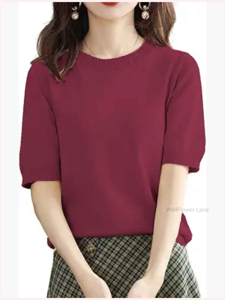 Women's Short Sleeve Crew Neck Cotton Pullover Lightweight Knit Blouse Sweater